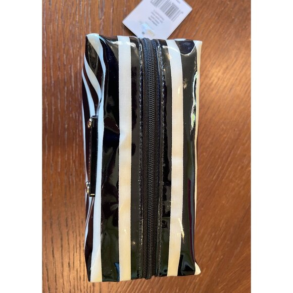 New Kate Spade Patent Leila Stripe Black and White Cosmetic Bag, 7” - Picture 6 of 8